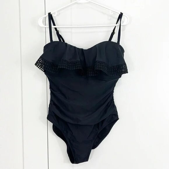 Kona Sol Large Black Ruffle Ruched One Piece Convertible Swim Suit - Picture 1 of 9